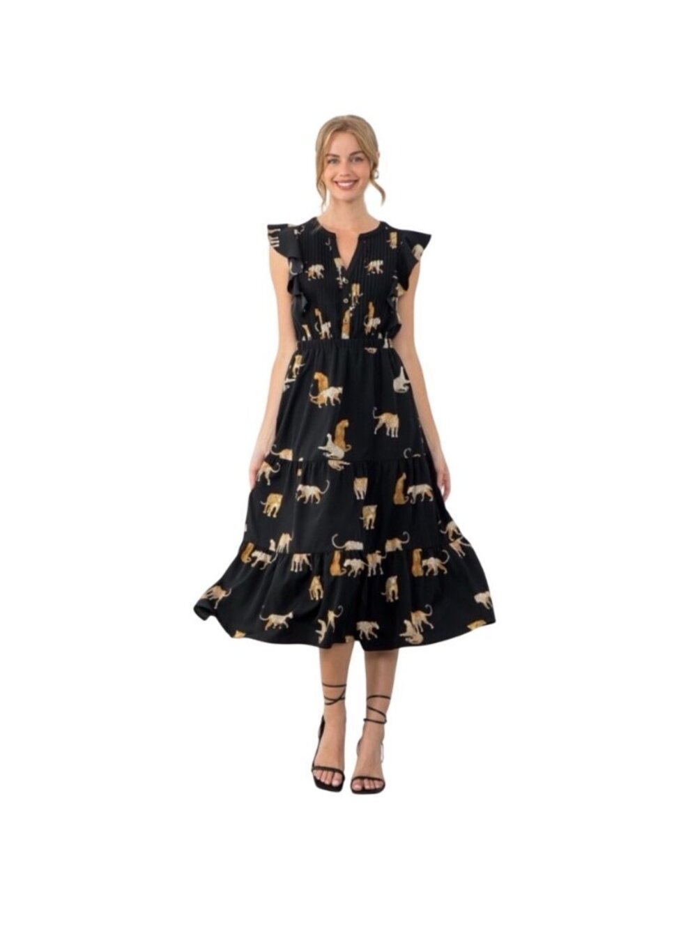 Anthropologie THML Black Cheetah Print Flutter Cap Sleeves Tiered Midi Dress XS
